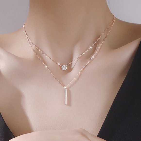 *NEW 925 Silver Diamond Coin Bar Layered Necklace - Picture 1 of 8